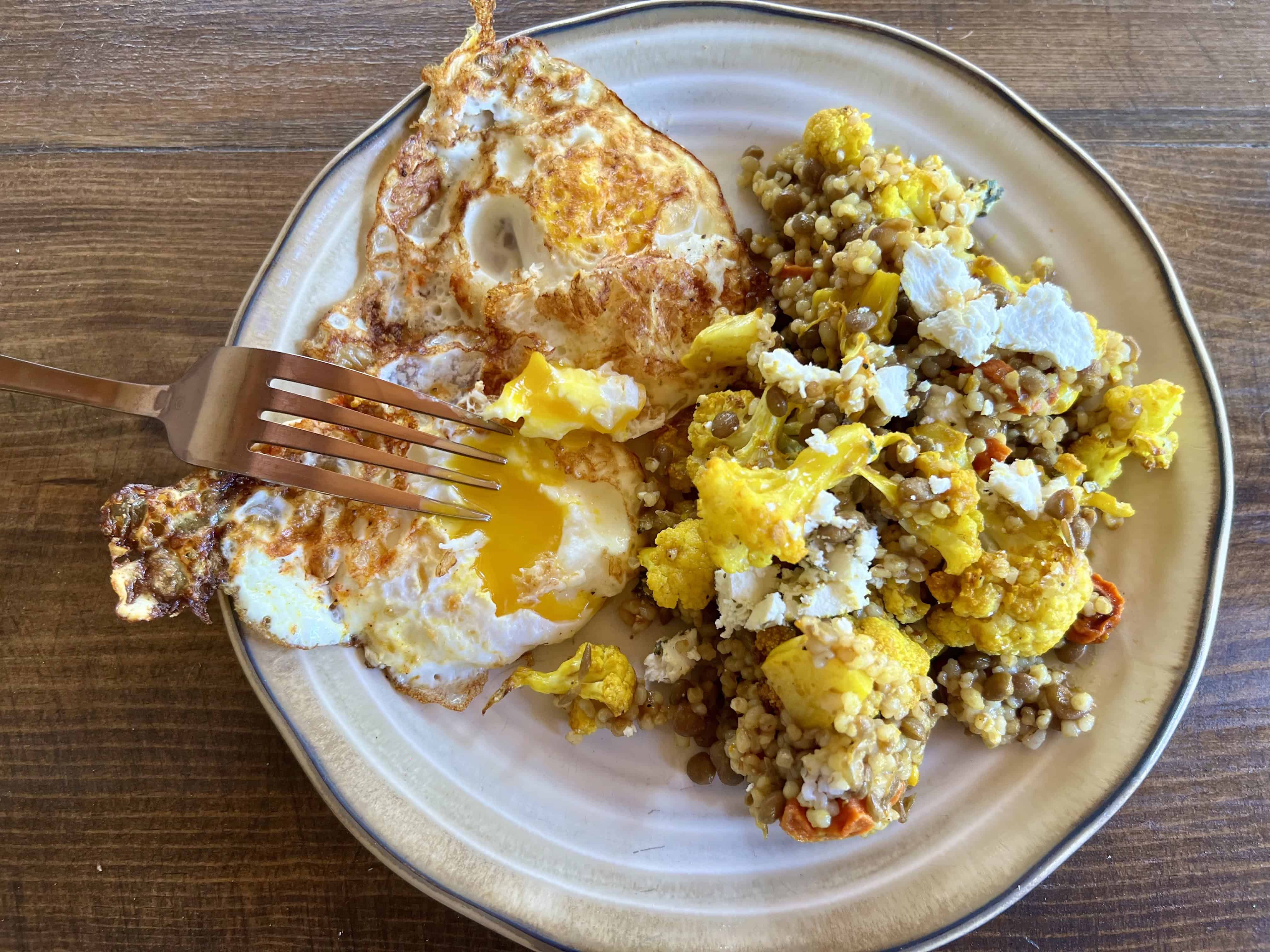 Lentil Salad with over easy eggs