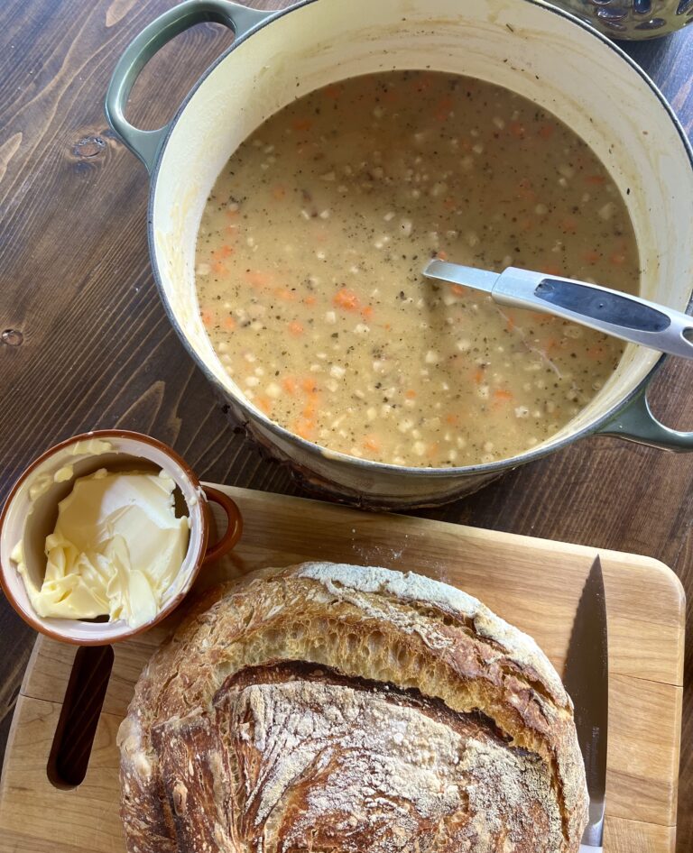 Healthy split pea soup with fresh baked bread