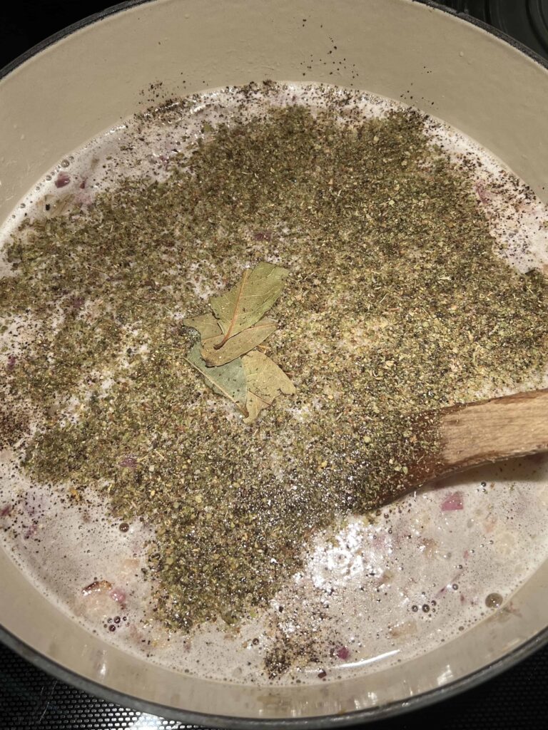 Dry spices added to a split pea soup