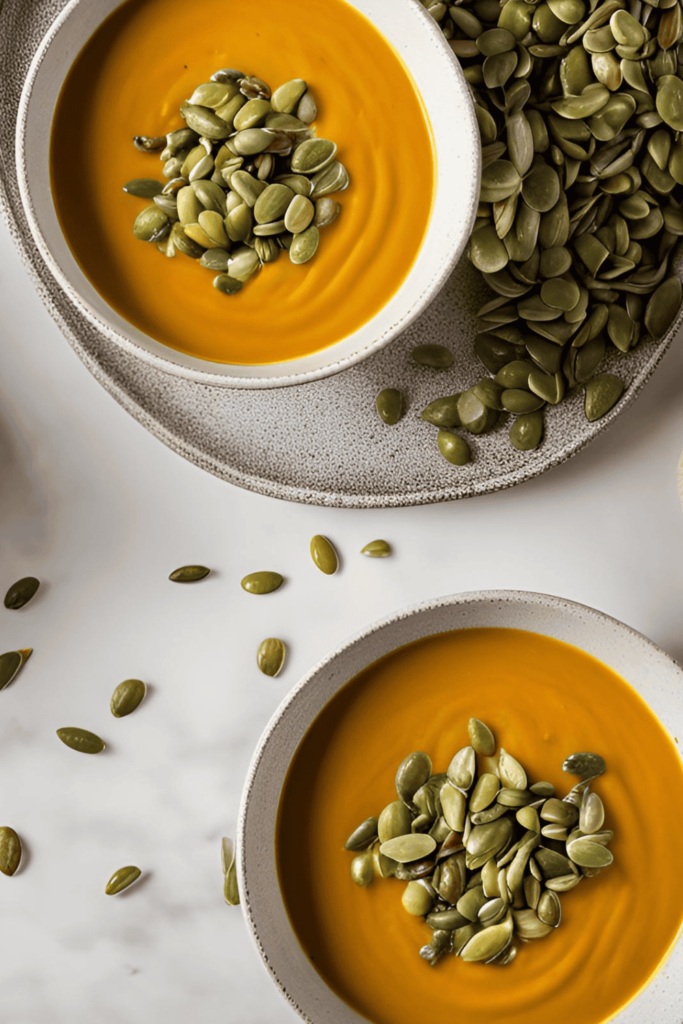 Butternut squash soup displayed on a white counter with pumpkin seeds