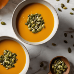 Roasted butternut squash soup with pumpkin seeds in a bowl