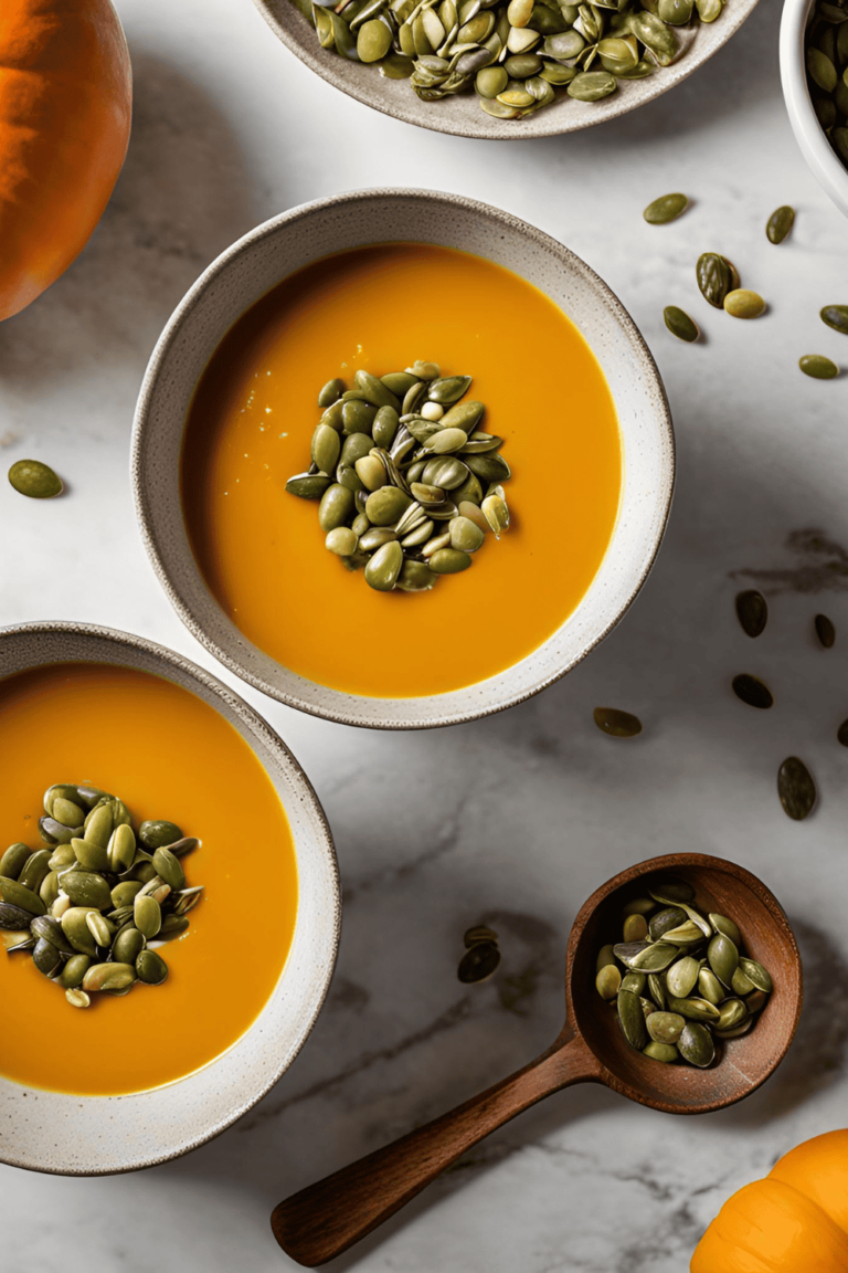 Roasted butternut squash soup with pumpkin seeds in a bowl